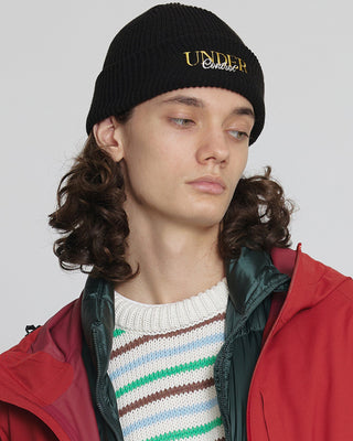 Model wearing a short beanie in winter